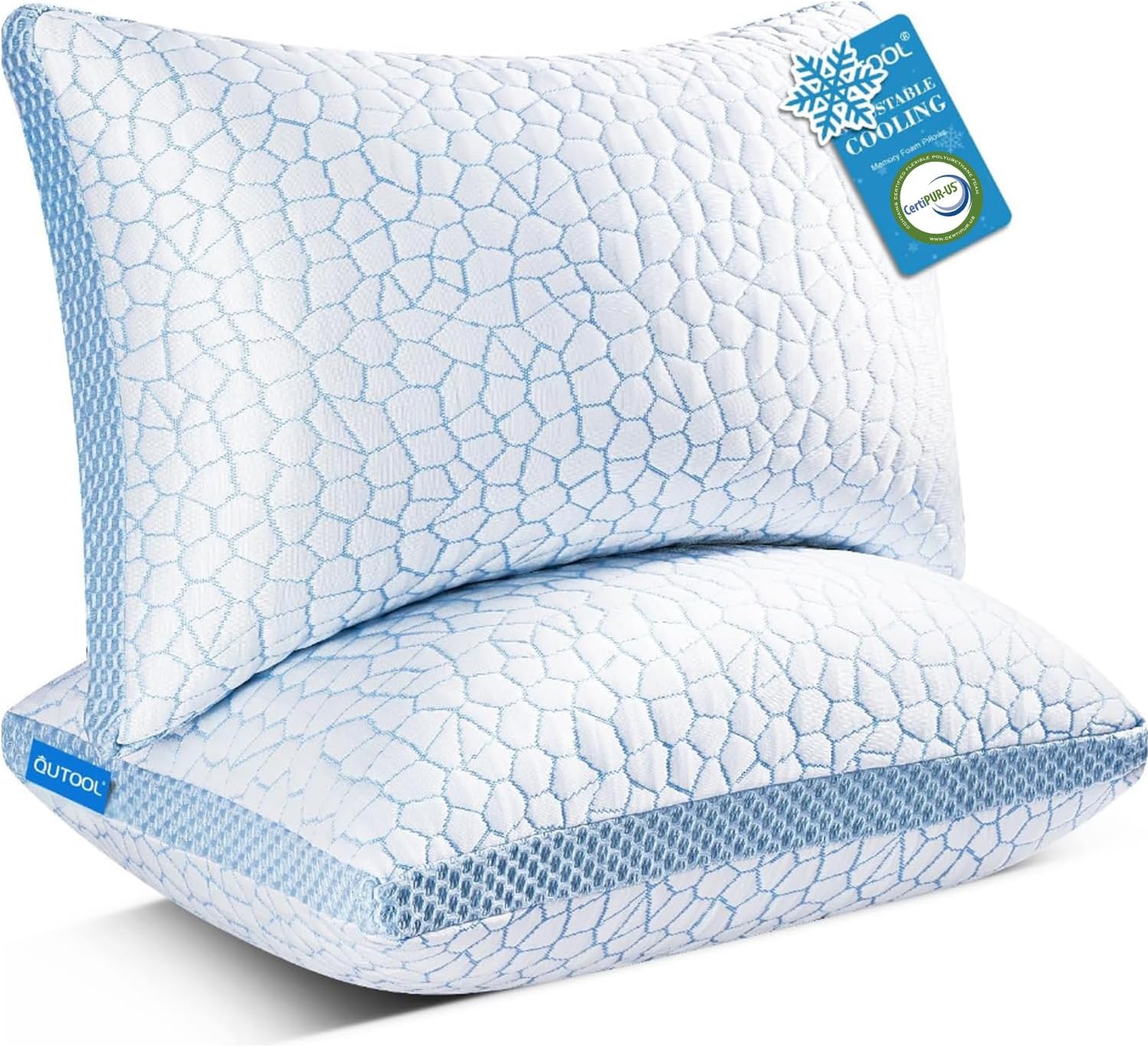 Qutool Enhanced Cooling Pillows for Sleeping, CertiPUR-US Shredded Memory Foam Pillows Standard Size Set of 2 for Hot Sleeper, Adjustable P…