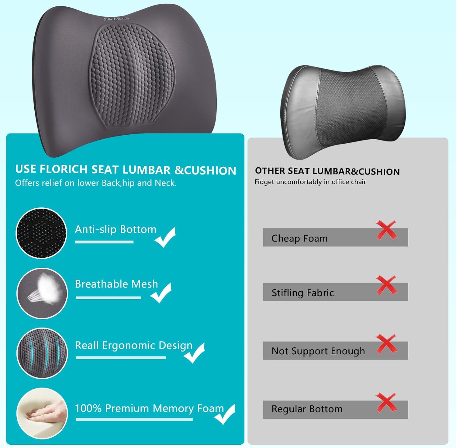 FLORICH 3 PCS Seat Cushion for Carseat Lumbar Support Pillow Car Neck Headrest Pillows Memory Foam Gel Memory Foam Massage Point Seat…