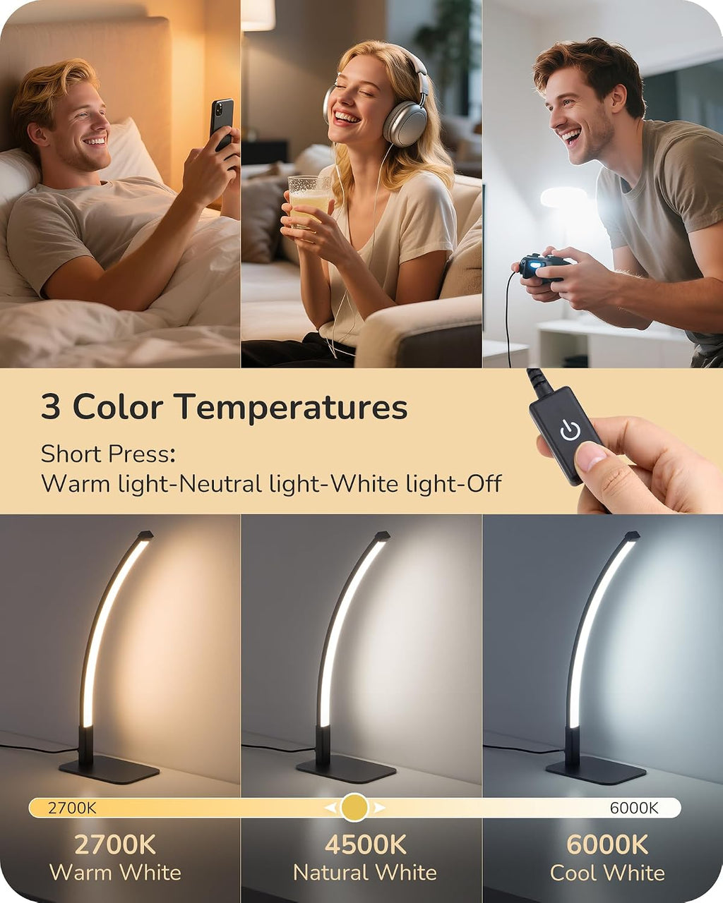 EDISHINE Curved LED Table Lamp, Modern Bedside Lamp with 3 Color Temperature & Stepless Dimming, Aluminum & Iron, Nightstand Lamp for…