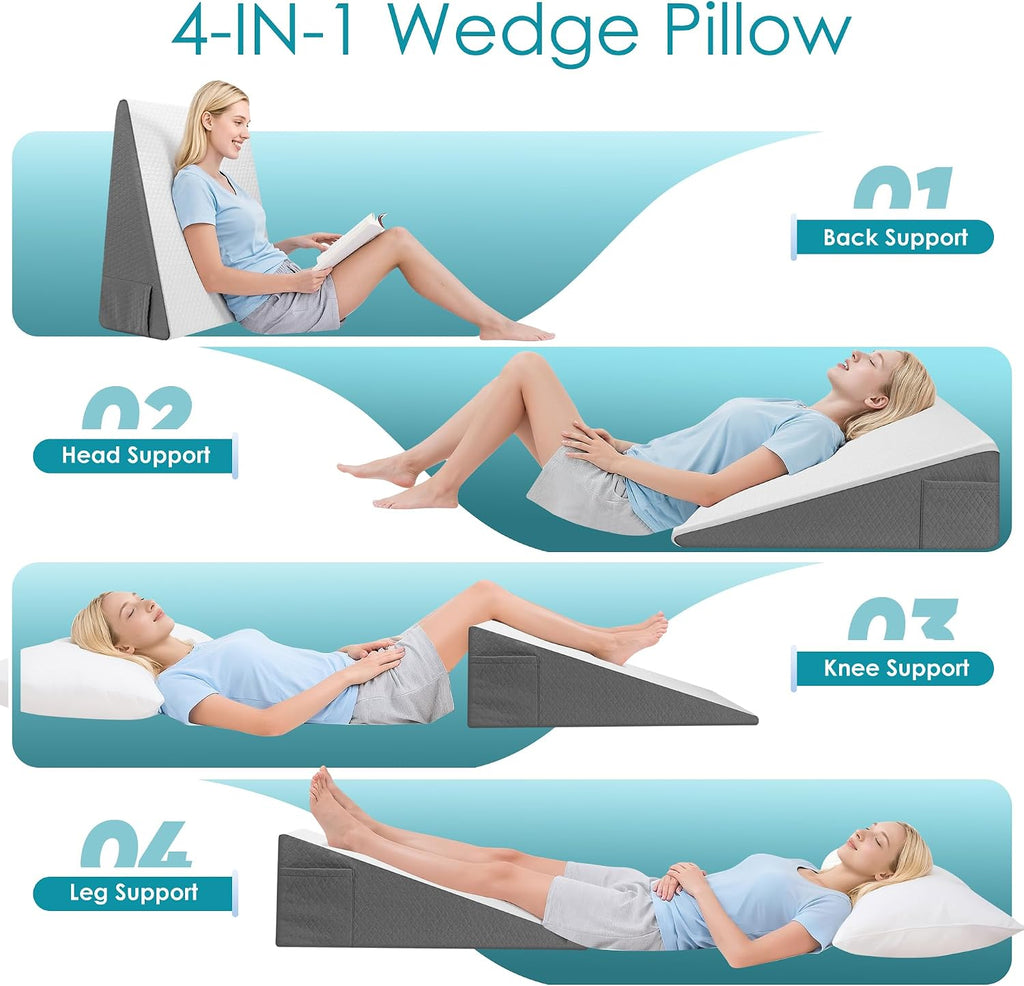 DiffPacky Sleeping Bed Wedge Pillow for Adults Seniors, 10 inch Cooling Memory Foam Incline Pillow Wedge for Head, Neck & Back Suppo…
