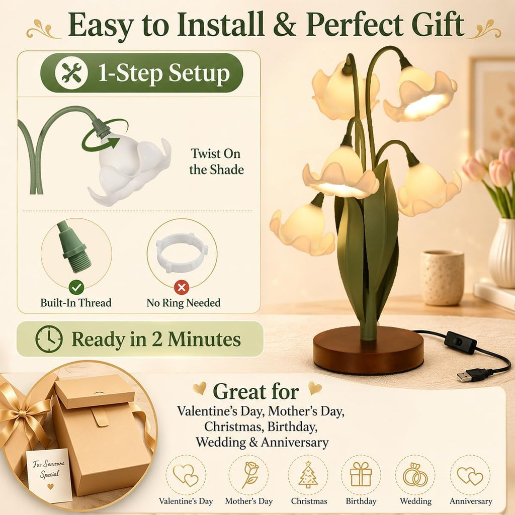 Flower Table Lamp for Bedroom, Cute Reading Light with 5 White Magnolia Flower of The Valley, Desk Lamp Bedside Lamps for Nightstands…