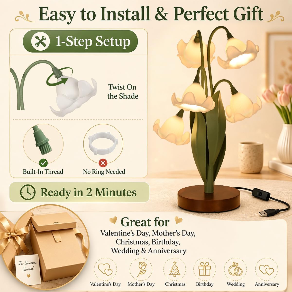 Flower Table Lamp for Bedroom, Cute Reading Light with 5 White Magnolia Flower of The Valley, Desk Lamp Bedside Lamps for Nightstands…