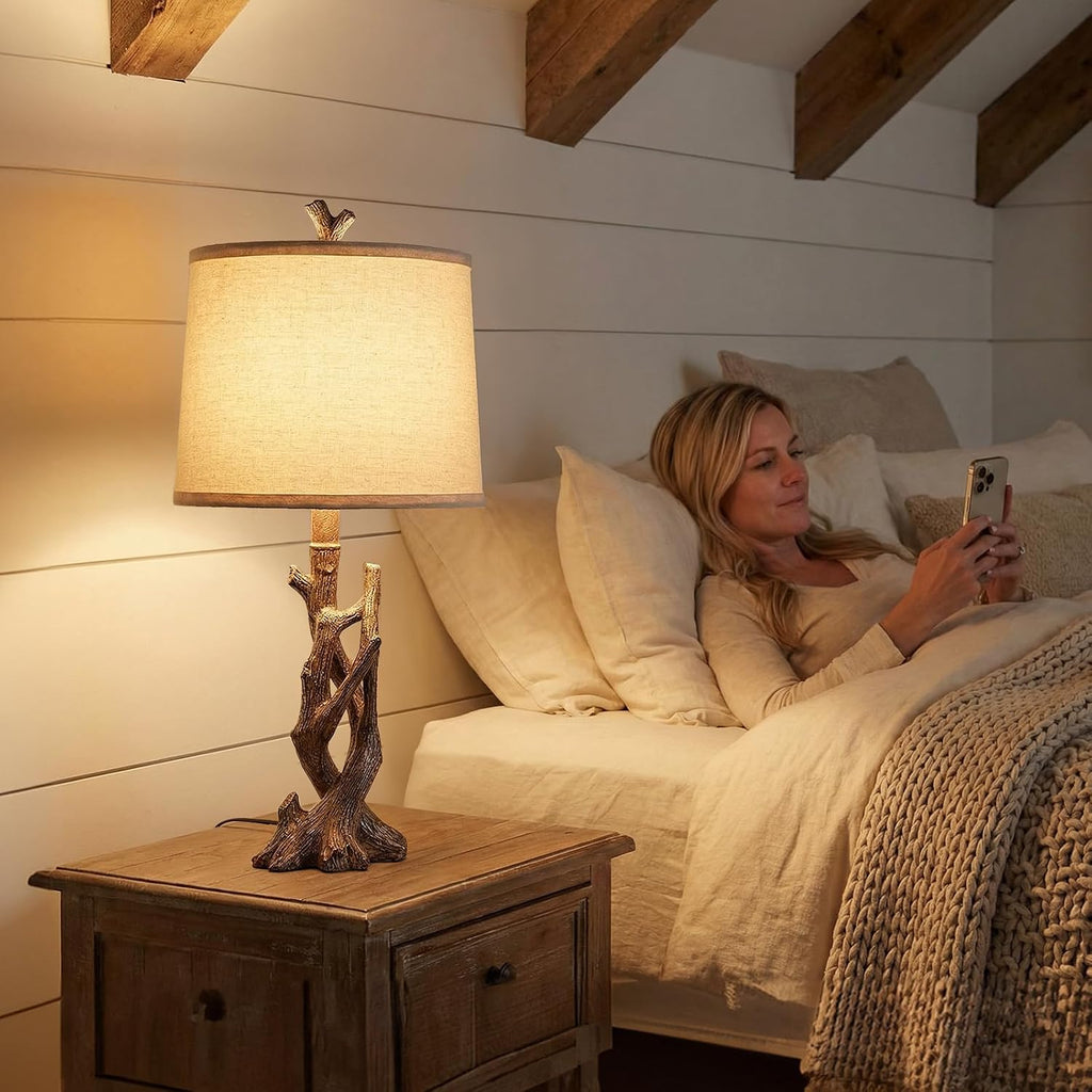 OYEARS 23" Rustic Farmhouse Table Lamp Country Cottage Lamps for Nightstand Tree Trunk Wood Grain Lamp for Bedroom Living Room with…