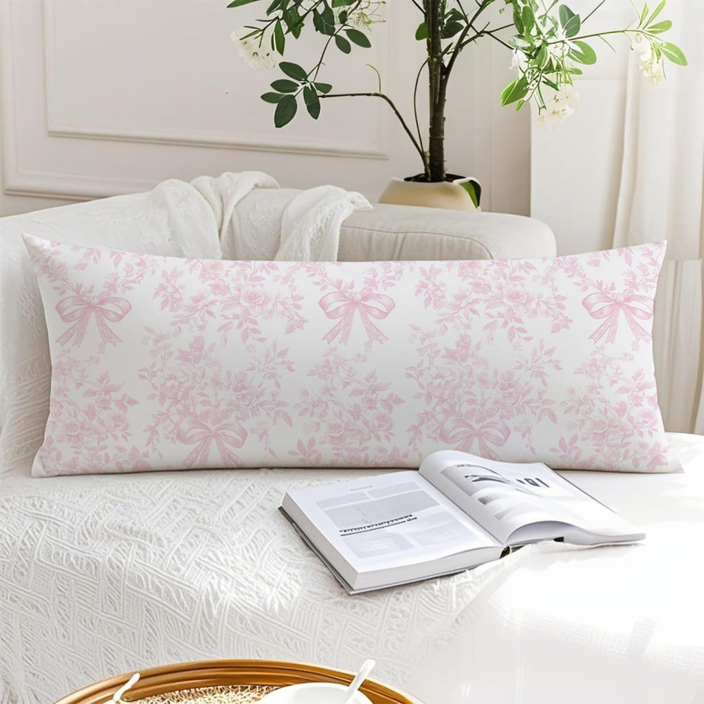 Chinoiserie Pink and White Floral 20x54 Body Pillow Cover, Chinoiserie Decor, Pink Coquette Bow Flowers Grand Millenial Decorative Long…