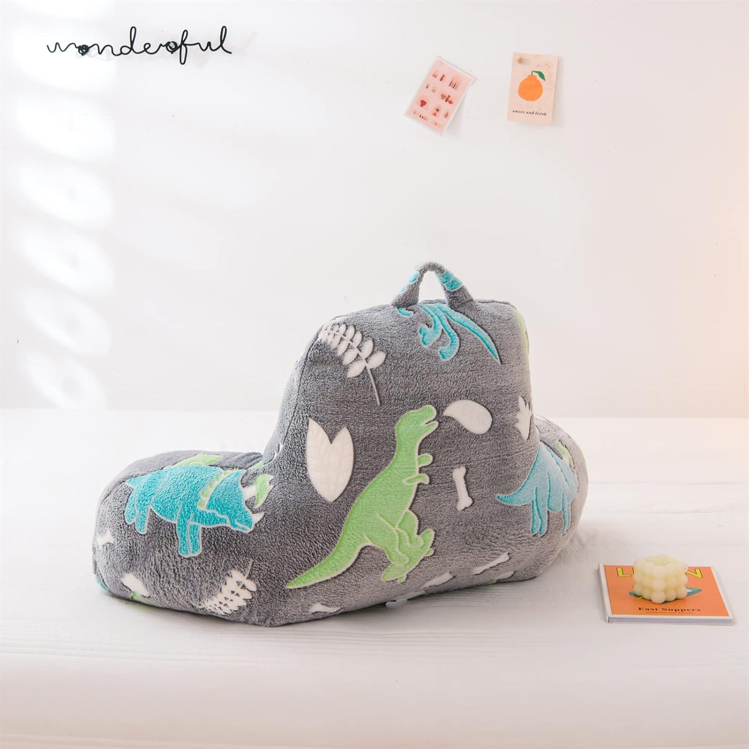 Aimuan Reading Pillow Glow in The Dark Bed Rest Wedge Kids Glow Backrest Pillow Dinosaur Print with Arms Back Support for Sitting Up in…