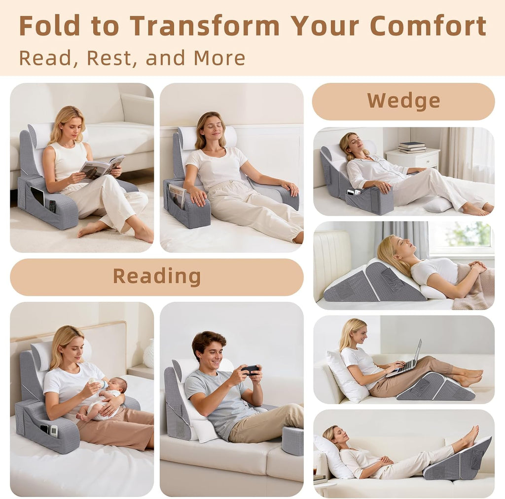 Esuerdo 5PCS Reading Pillow for Sitting in Bed Adult, 2 in 1 Foldable Back Wedge Pillow for Sleep, Ergonomic Back Support Pillow with Arms…