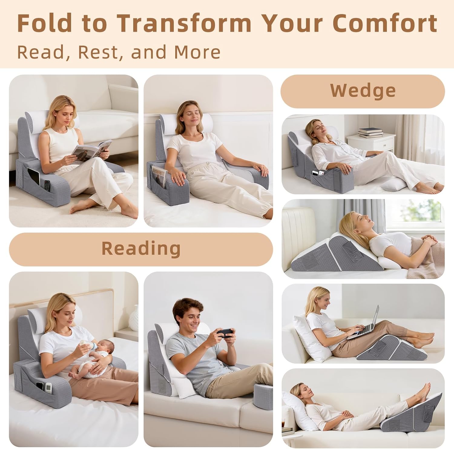 Esuerdo 5PCS Reading Pillow for Sitting in Bed Adult, 2 in 1 Foldable Back Wedge Pillow for Sleep, Ergonomic Back Support Pillow with Arms…