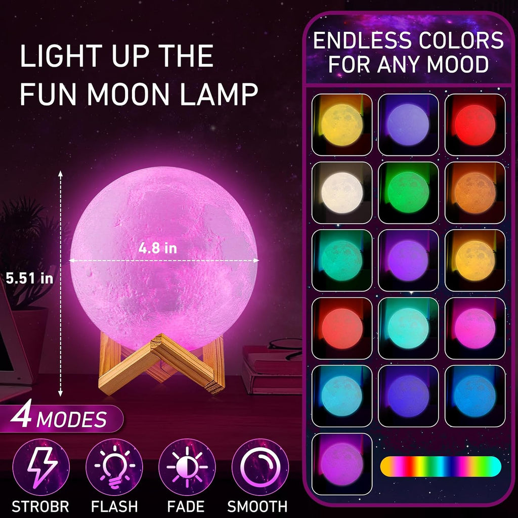 LOGROTATE Moon Lamp, 16 Colors LED Night Light for Kids 3D Printing Moon Light with Stand& Remote/Touch Control & Timing, Moon Light Lamp…