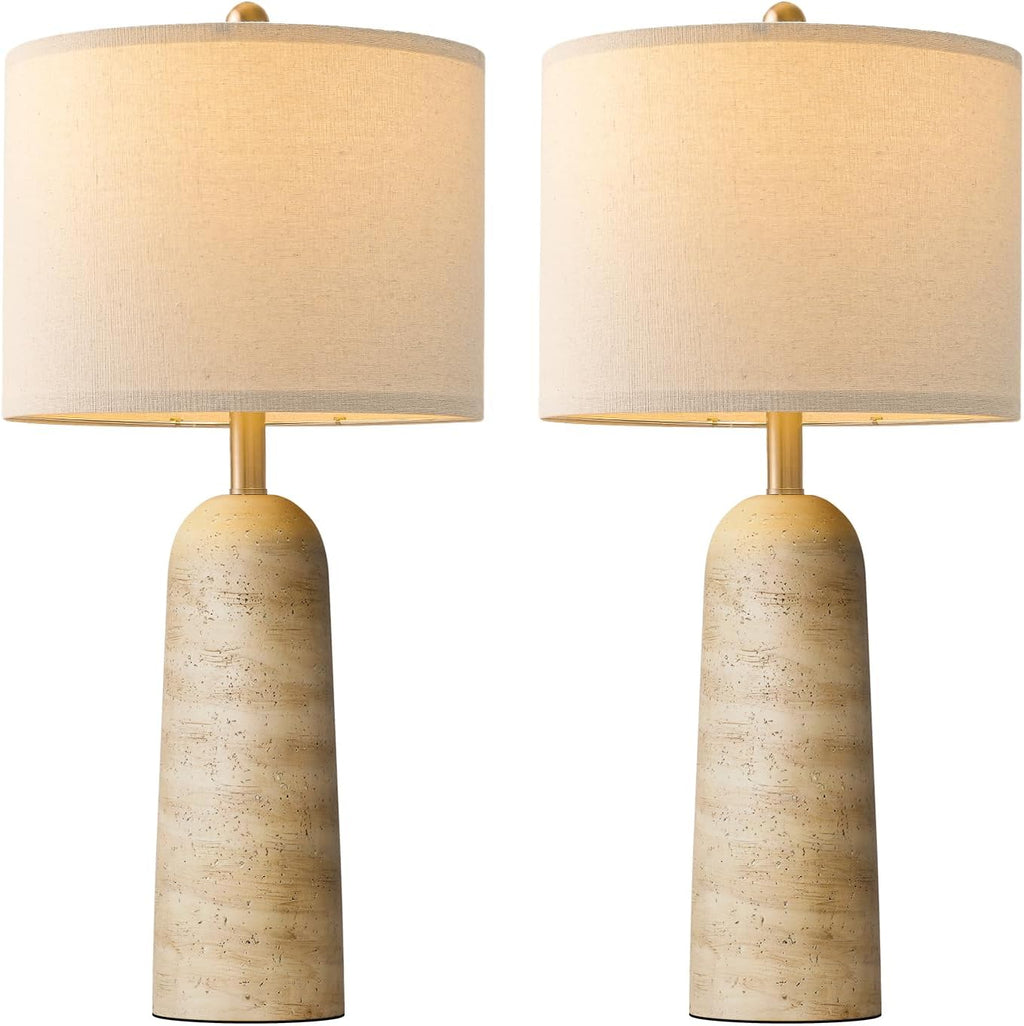 BOBOMOMO Modern Table Lamp Set of 2, Warm Beige Resin Lamp with Natural Stone Look, 27.25" Lamps for Living Room with Linen Shades…