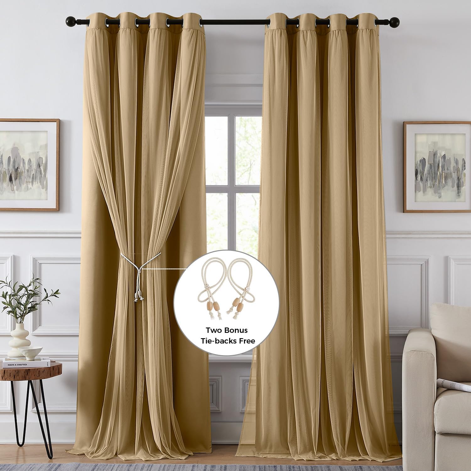 Swandream Blackout Curtains for Bedroom, Double Layer Khaki Curtains, Black Out Curtain 90 inch Long with Sheer Overlay for Living Room, Ro…