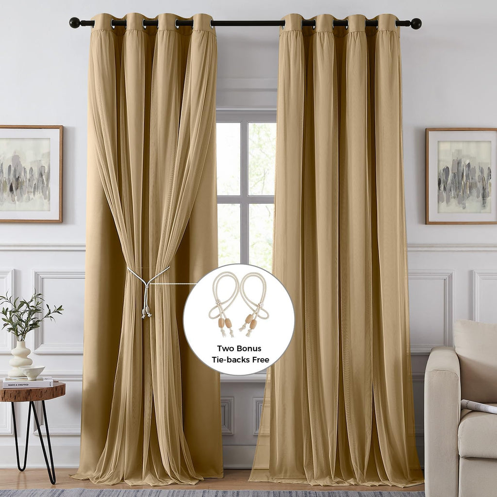 Swandream Blackout Curtains for Bedroom, Double Layer Khaki Curtains, Black Out Curtain 72 inch Long with Sheer Overlay for Living Room, Ro…