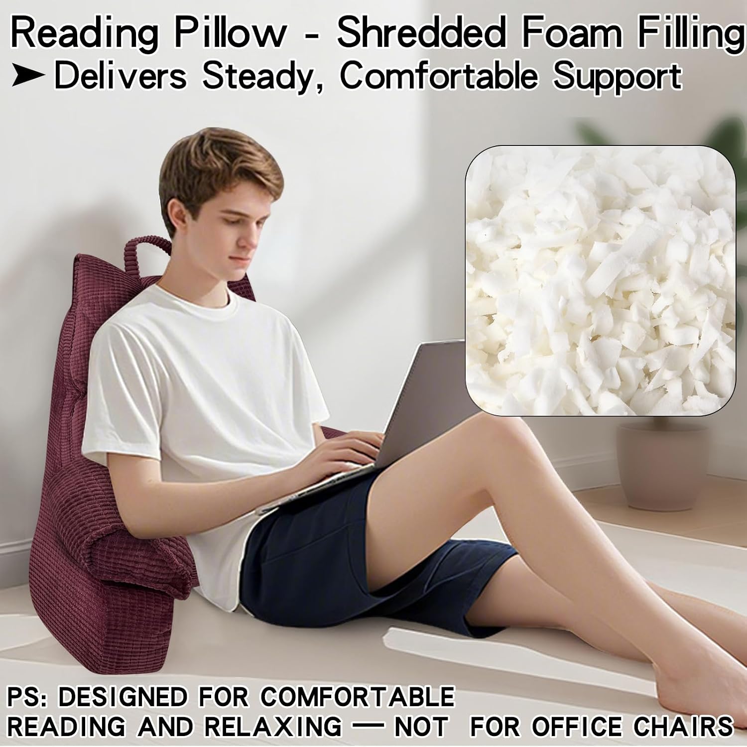 RRPAHWTV Reading Pillow for Bed with High Arm Rests, Back Support Pillow for Sitting Up in Bed with Shredded Memory Foam for Reading, TV…