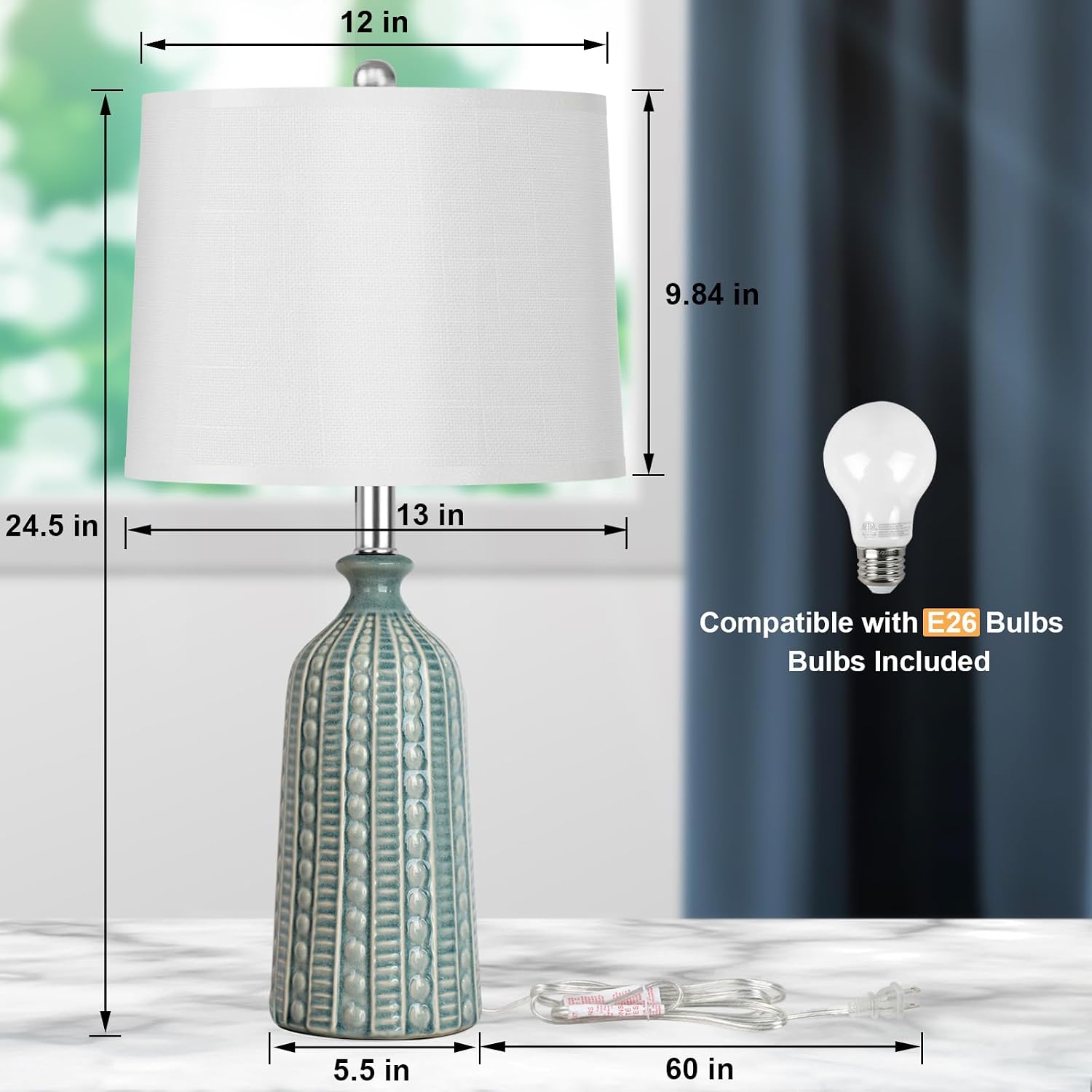 JUNNAI Green Ceramic Table Lamp 24.5": 3-Way Dimmable Nightstand Lamp with White Drum Lamp Shade | Modern Bedside Lamp for Bedrooms &…