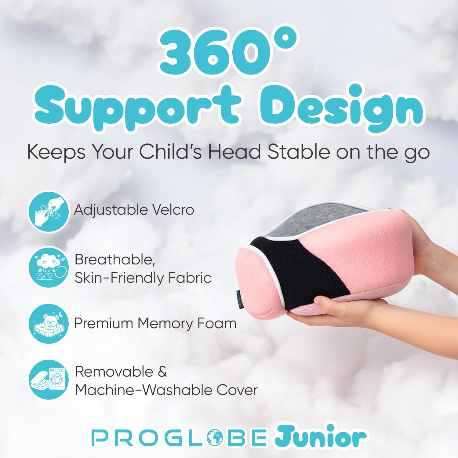 ProGlobe Junior Kids Travel Neck Pillow - Ergonomic Memory Foam Pillow for Airplane, Car, Booster Seat - Soft, Washable, Compact Travel Pil…