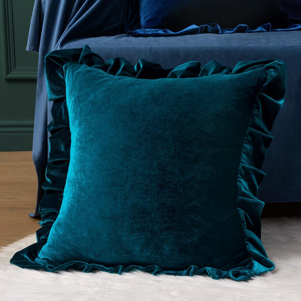 MIULEE Velvet Ruffle Throw Pillow Covers Soft Luxurious Teal Pack of 2 20x20 Inch Square Cushions Vintage Gothic Decorative Ruffled…
