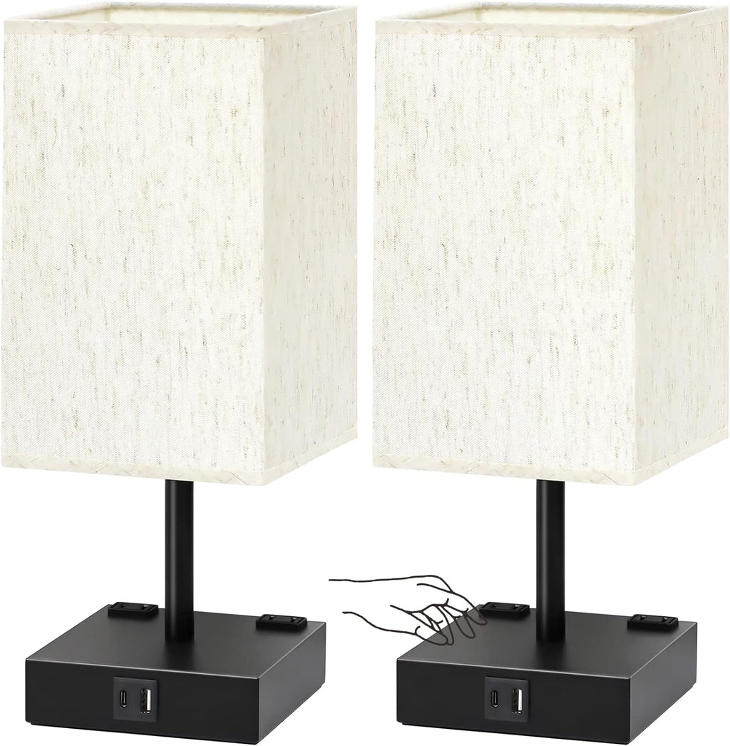 Bedside Table Lamps Set of 2 - Touch Nightstand Lamp for Bedroom with USB C+A Charging Ports & AC Outlets, 3-Way Dimmable Desk Lamp…