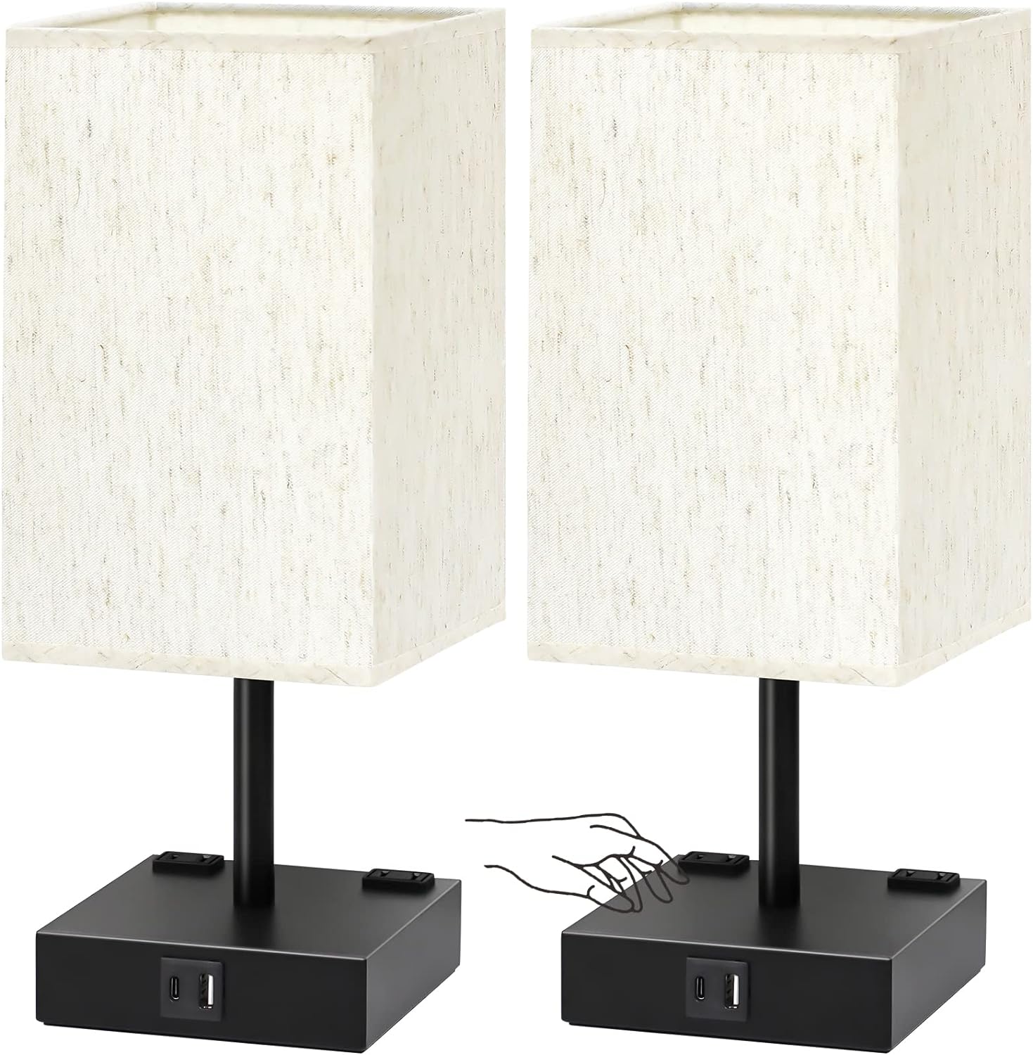 Bedside Table Lamps Set of 2 - Touch Nightstand Lamp for Bedroom with USB C+A Charging Ports & AC Outlets, 3-Way Dimmable Desk Lamp…