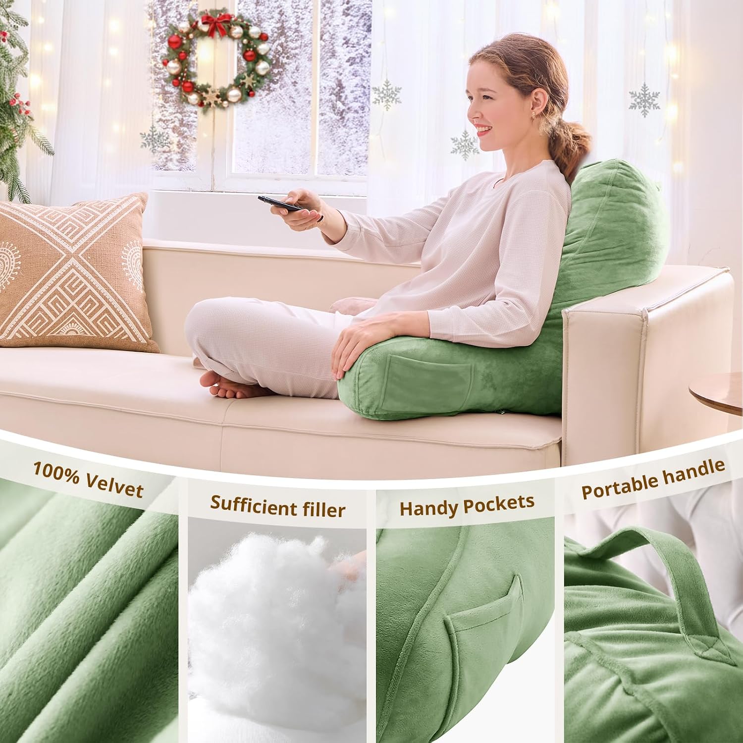 Sasttie Reading Pillow, Pillows for Reading or Relaxing – Ergonomic Support for Head, Neck, Back, and Lumbar, 21-Inch, Sage Green Green