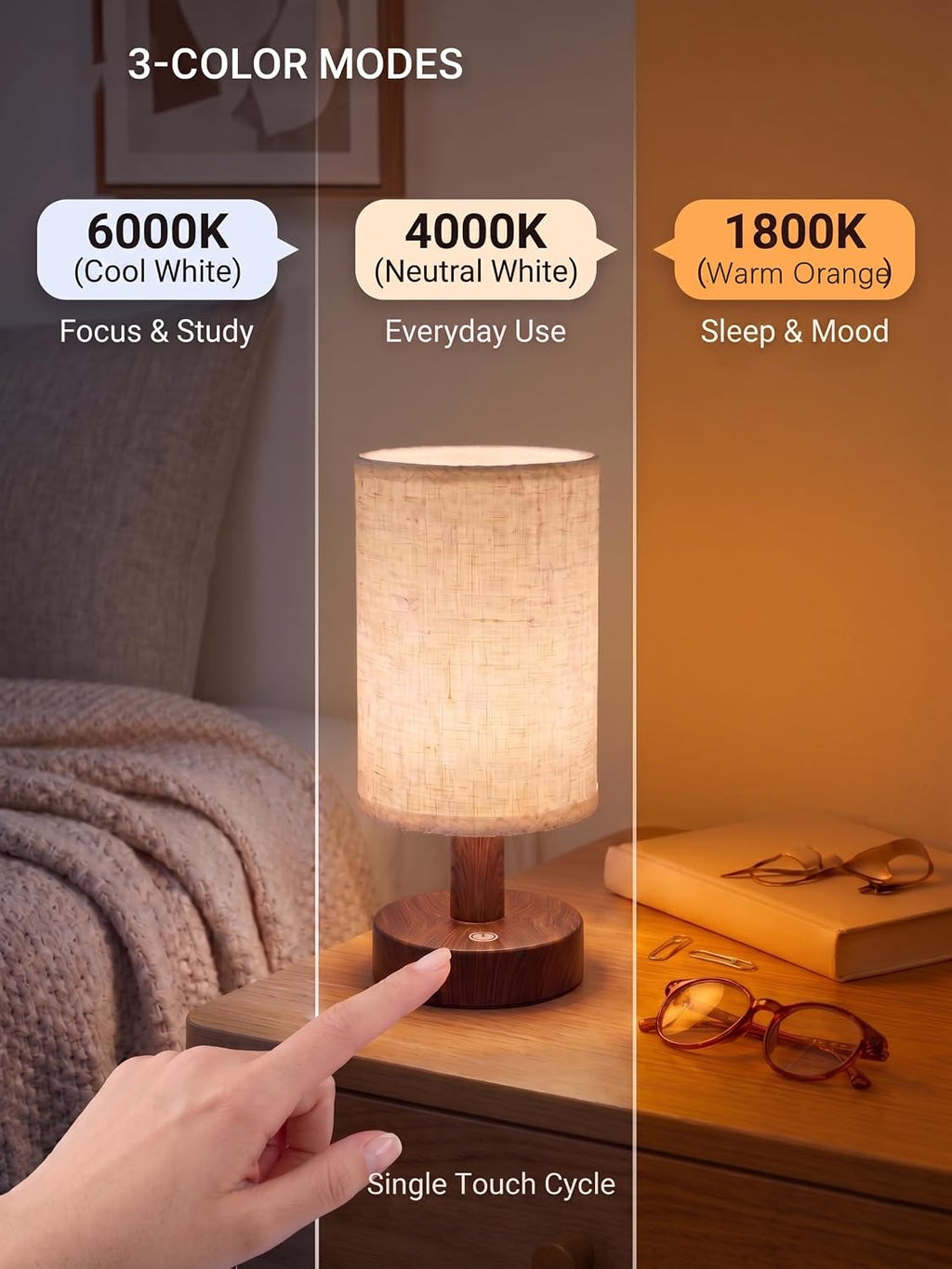 Rechargeable Cordless Table Lamp – 4000mAh Battery Bedside Lamp, Mini Touch Control Dimmable LED Light with 3 Color Modes, Portable Night…