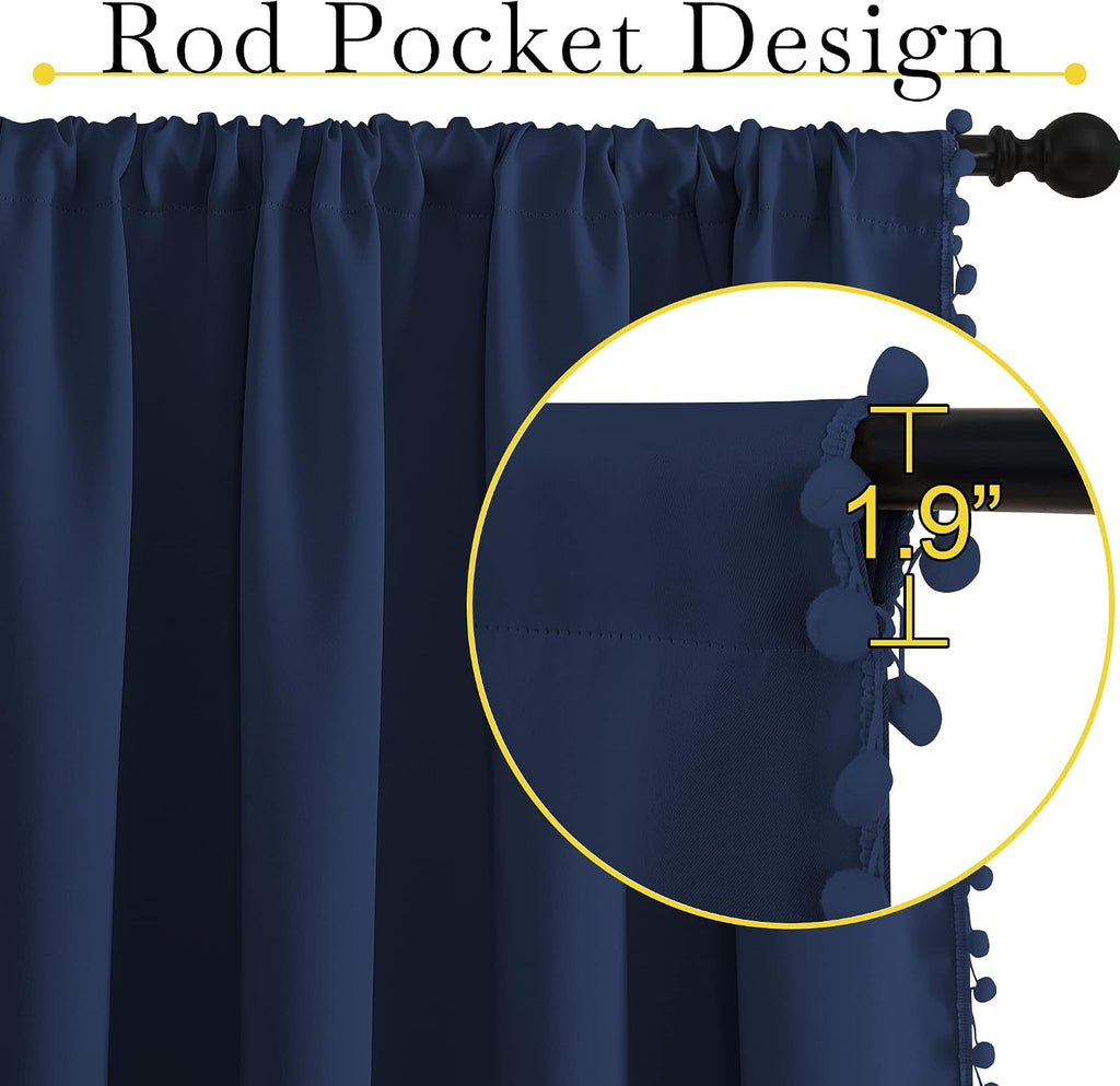 NICETOWN Navy Blue Blackout Curtains with Pompoms, Farmhouse Solid Privacy Window Curtains & Drapes Rod Pocket Curtain Shades for Living…