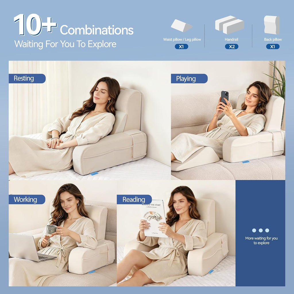 Kayfia Reading Pillow, 10 in 1 Back Pillow for Bed Sitting up with Detachable Arms Rest, Back Rest with Gel Memory Foam…