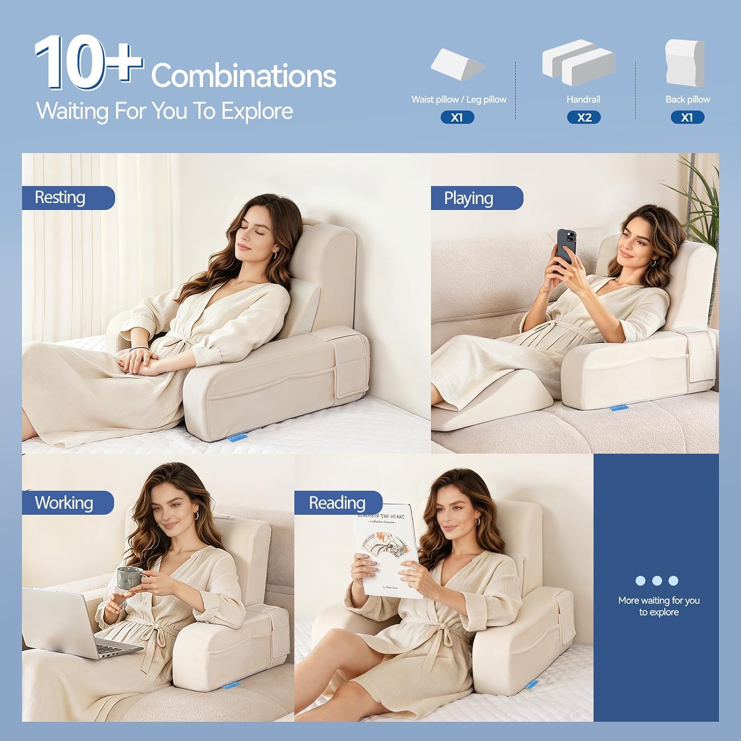 Kayfia Reading Pillow, 10 in 1 Back Pillow for Bed Sitting up with Detachable Arms Rest, Back Rest with Gel Memory Foam…