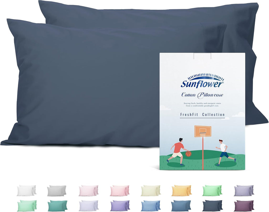 Sunflower Queen Pillowcases Set of 2, 100% Cotton Queen Size Pillow Cases 2, 20×30 inches Crown Blue, Soft and Breathable