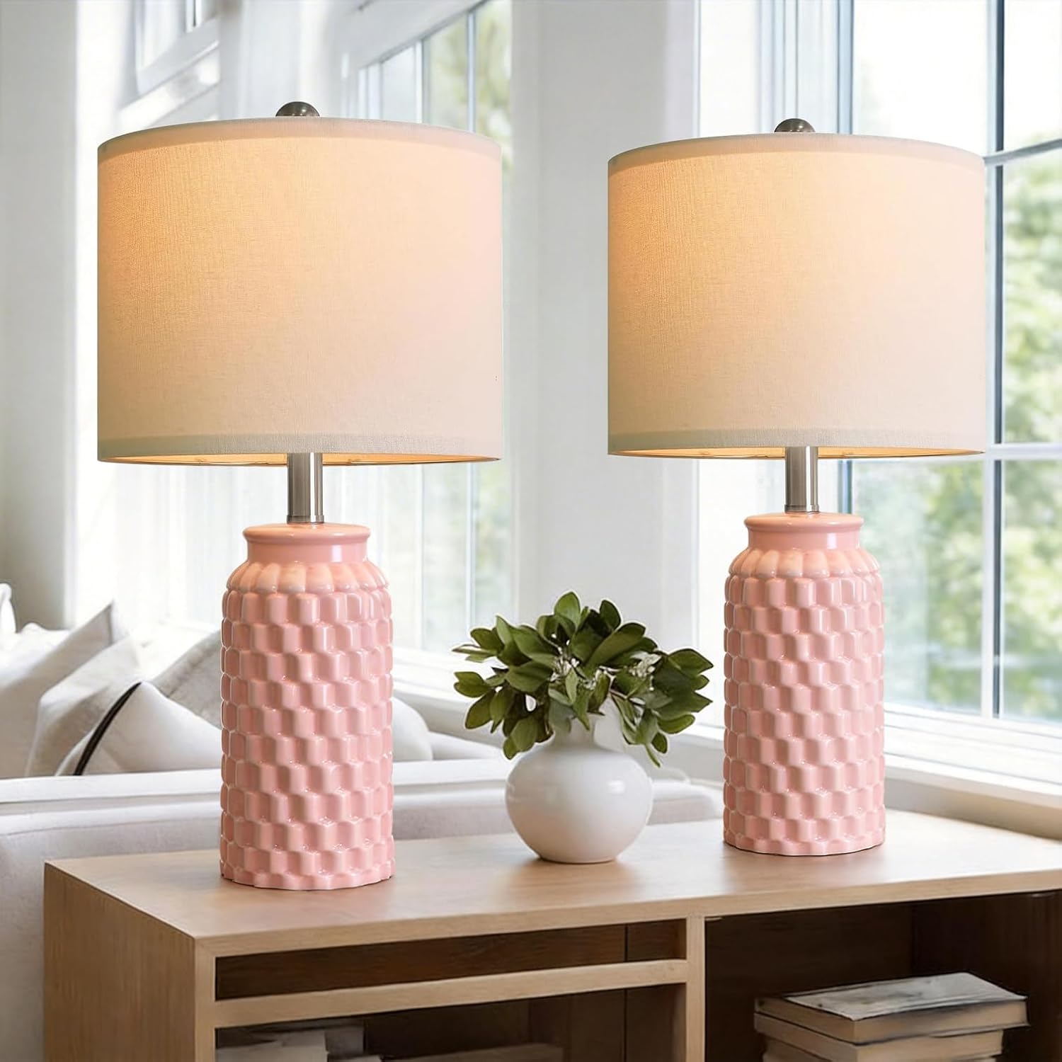USumkky 20.5" Pink Table Lamps Set of 2, Modern Farmhouse Bedside Lamps - Ceramic Nightstand Lamps for Bedroom, Boho Living Room End…