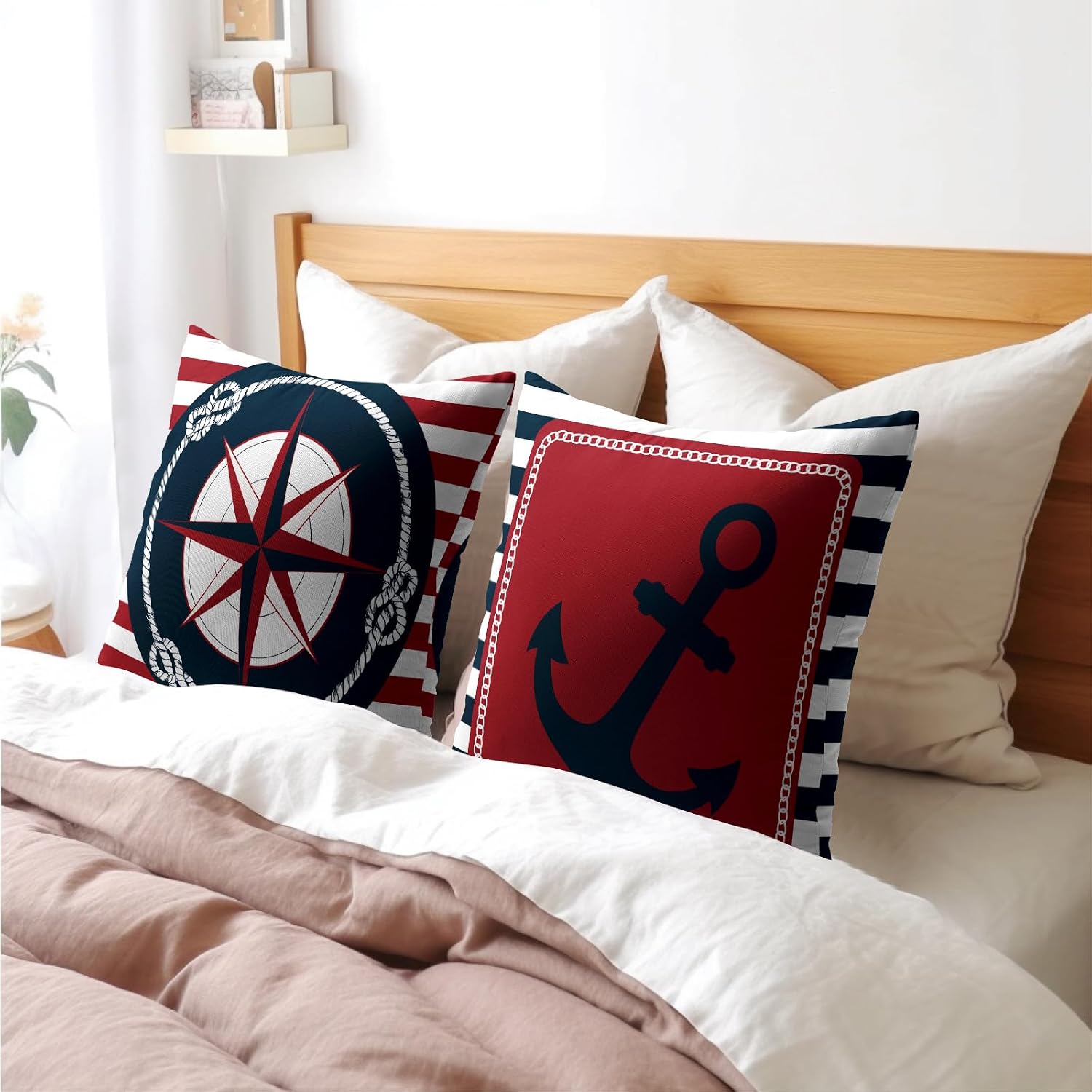 Anchor Compass Throw Pillow Cases Outdoor Nautical Pillow Covers Blue and White Stripes Decorative Cushion Cover 24x24 Inch Red and White…
