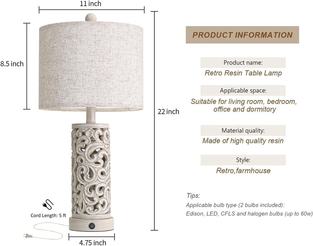 OYEARS Bedside Table Lamps Set of 2 with USB & Night Light, 22'' Farmhouse Bedroom Lamps for Nightstand, Vintage Table Lamps for Bedroom…