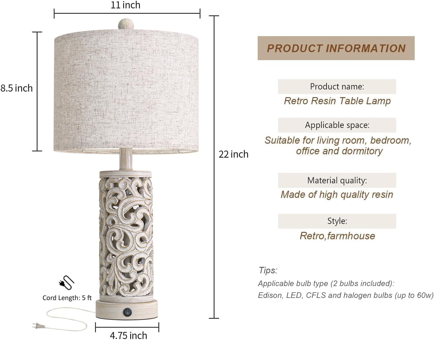OYEARS Bedside Table Lamps Set of 2 with USB & Night Light, 22'' Farmhouse Bedroom Lamps for Nightstand, Vintage Table Lamps for Bedroom…