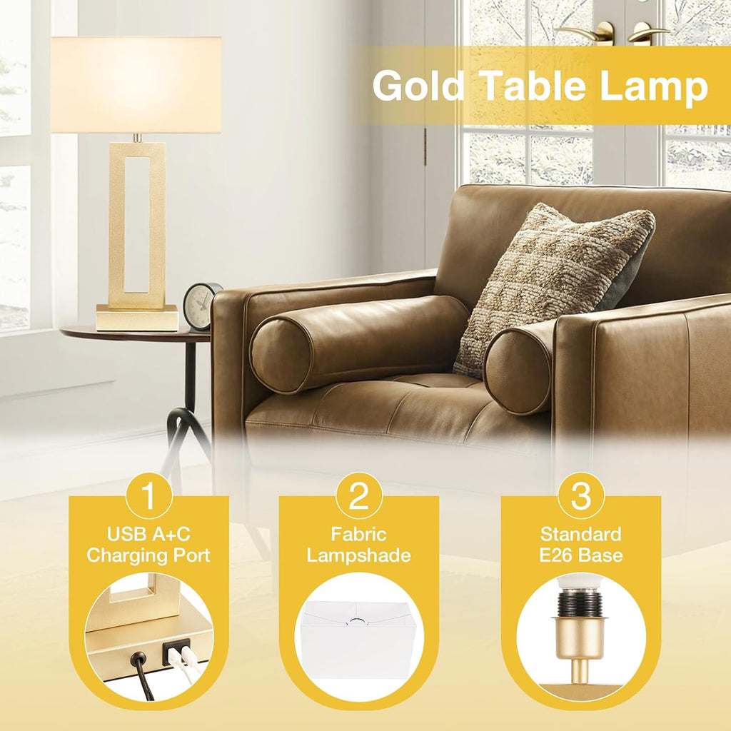 Seealle 22" Tall Bedroom Lamps for Living Room - Touch Gold Bedside Lamps with USB C+A, 3 Way Dimmable for Nightstand, Modern Night…