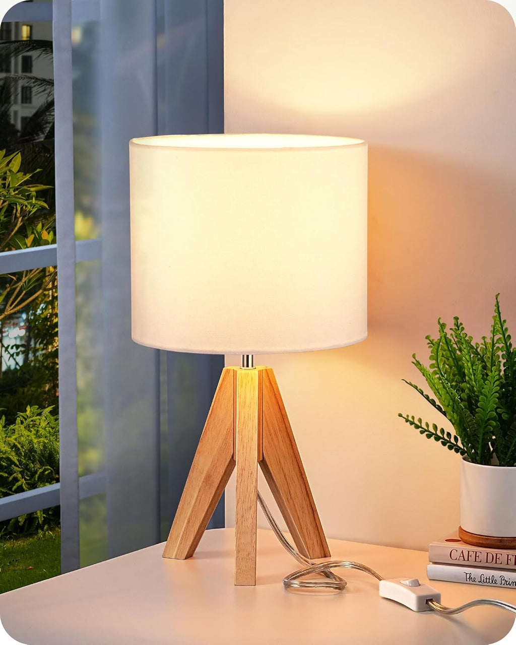 EDISHINE Small Cute Table Lamp, Wood Tripod Nightstand Lamp, Mid Century Bedside Lamp with Linen Fabric Shade for Nursery, Living Room…