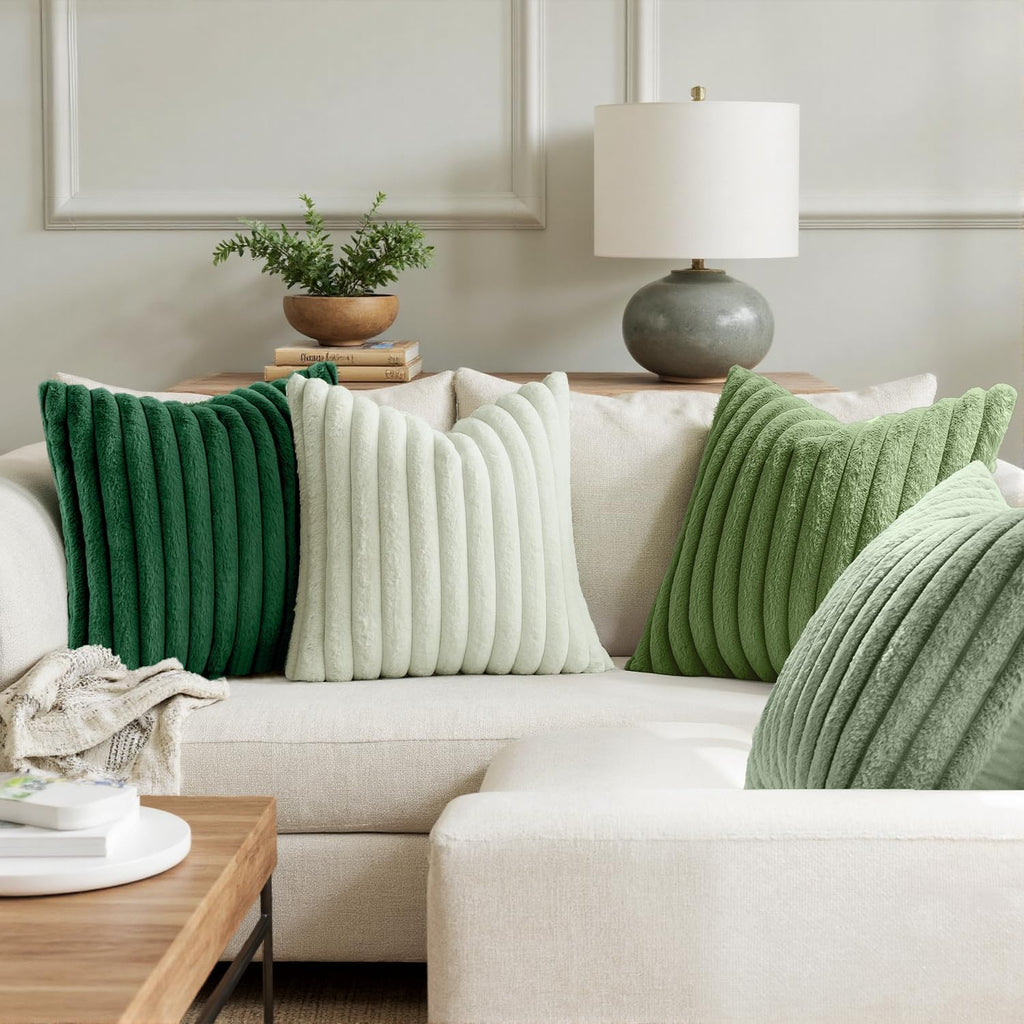Miulee Faux Fur Plush Decorative Throw Pillow Covers 18x18 Set of 4, Spring Modern Soft Fuzzy Striped Cushion Covers for Sofa Couch Bed Liv…