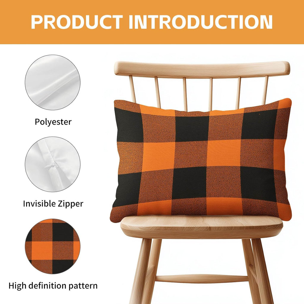 HOMETITUTE Pillow Covers Decorative Pack of 2 Satin 12x20 Inch Orange Black Buffalo Plaid Art Lumbar Throw Pillow Cases for Sofa Couch…