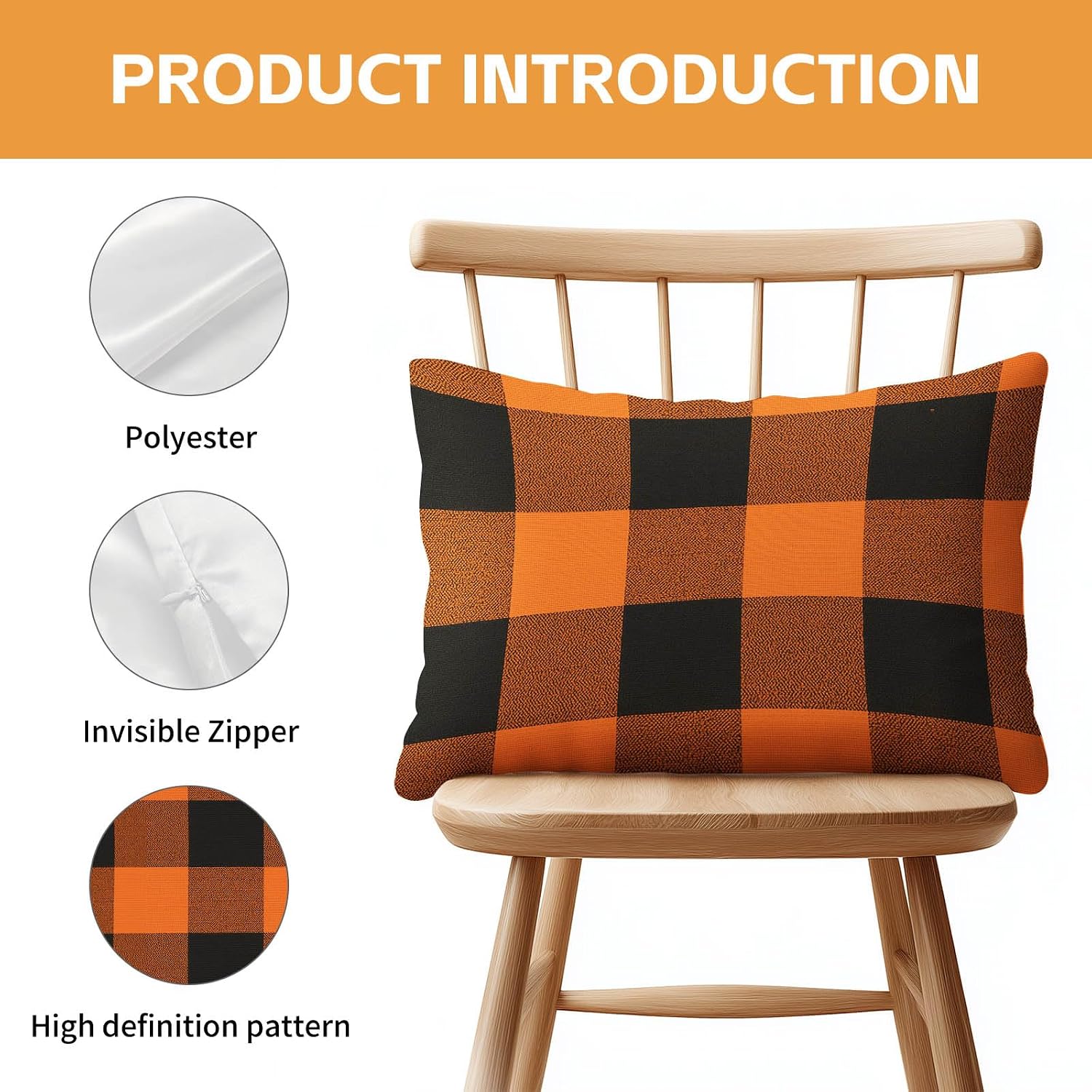 HOMETITUTE Pillow Covers Decorative Pack of 2 Satin 12x20 Inch Orange Black Buffalo Plaid Art Lumbar Throw Pillow Cases for Sofa Couch…