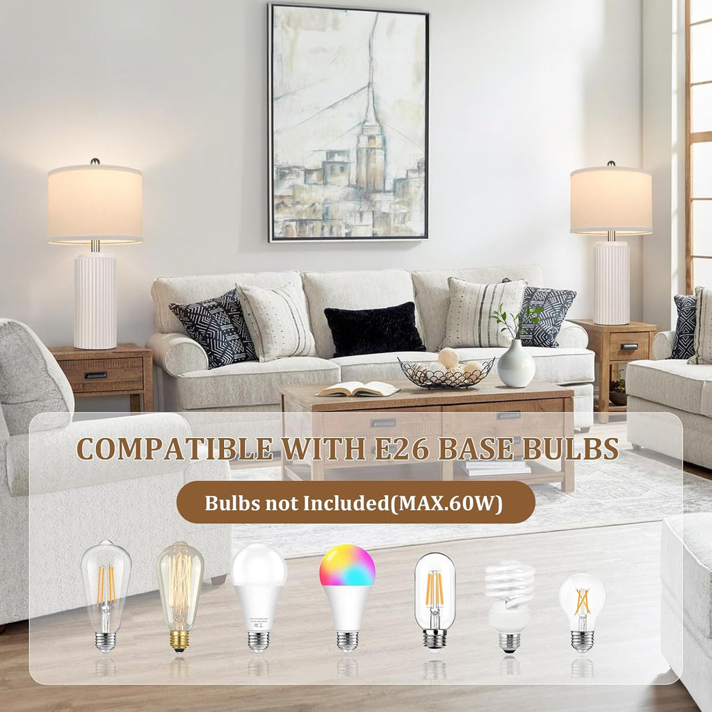 Tobusa 23.5’’ Modern Ceramic Table Lamps Set of 2 for Living Room, Farmhouse Vintage Bedside Table Lamps with White Linen Shade, Rustic Bed…