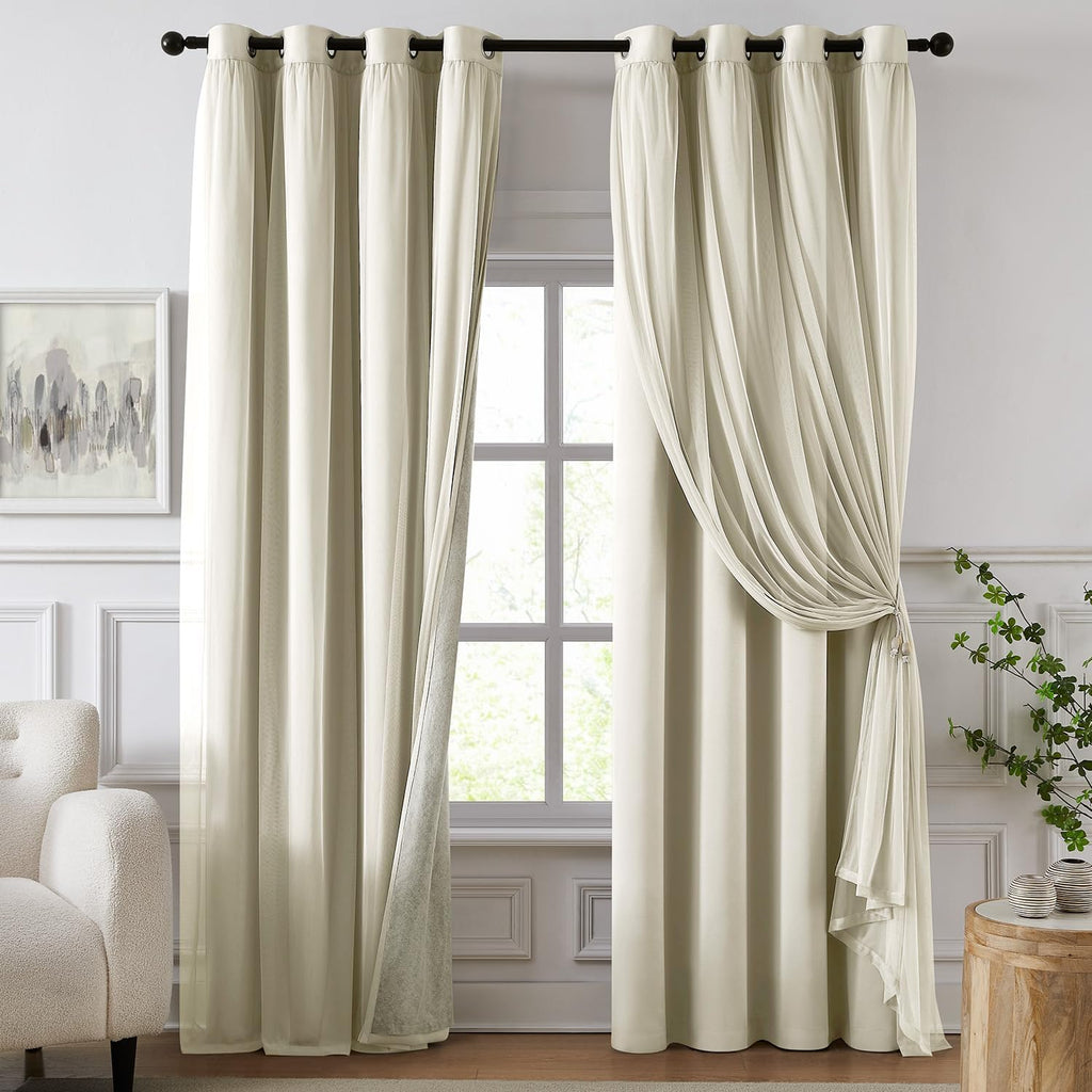 Swandream Blackout Curtains for Bedroom, Double Layer Beige Curtains, Black Out Curtain 84 inch Long with Sheer Overlay for Living Room, Ro…