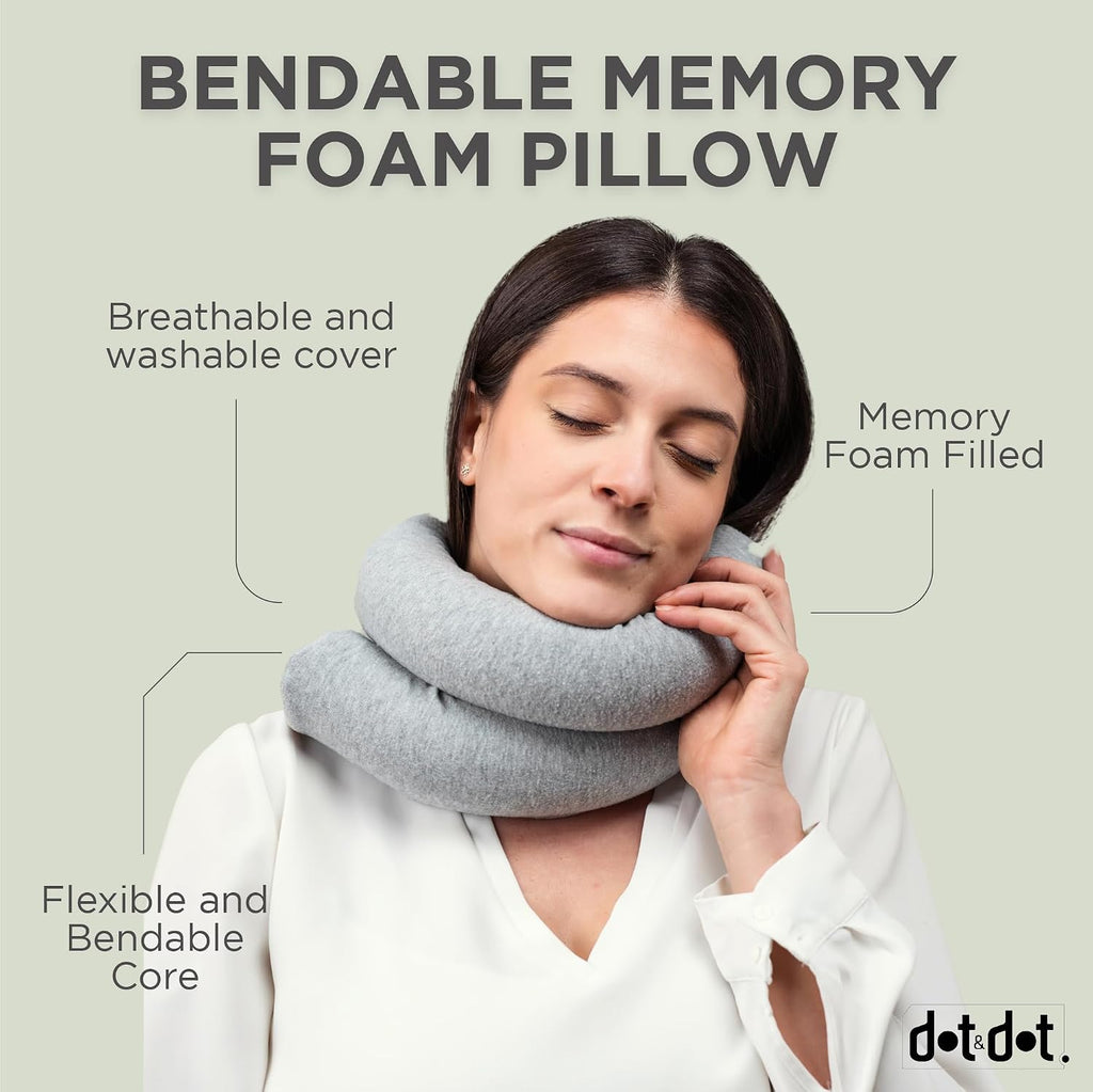 Dot&Dot Twist Memory Foam Travel Pillow for Neck, Chin, Lumbar and Leg Support - Cotton Cover Snap Closure Grey Cotton Grey