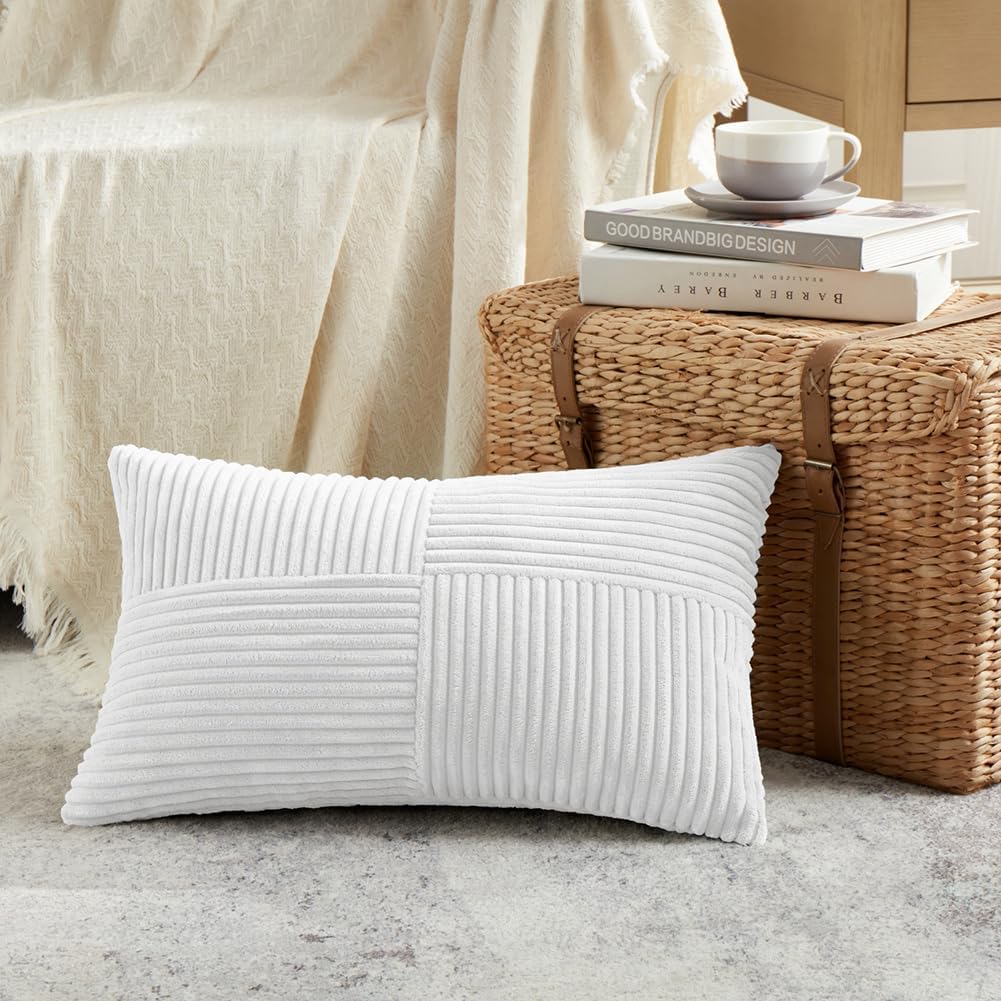 Fancy Homi 2 Packs White Lumbar Decorative Throw Pillow Covers 12x20 Inch for Living Room Couch Bed Sofa, Rustic Farmhouse Boho Home…