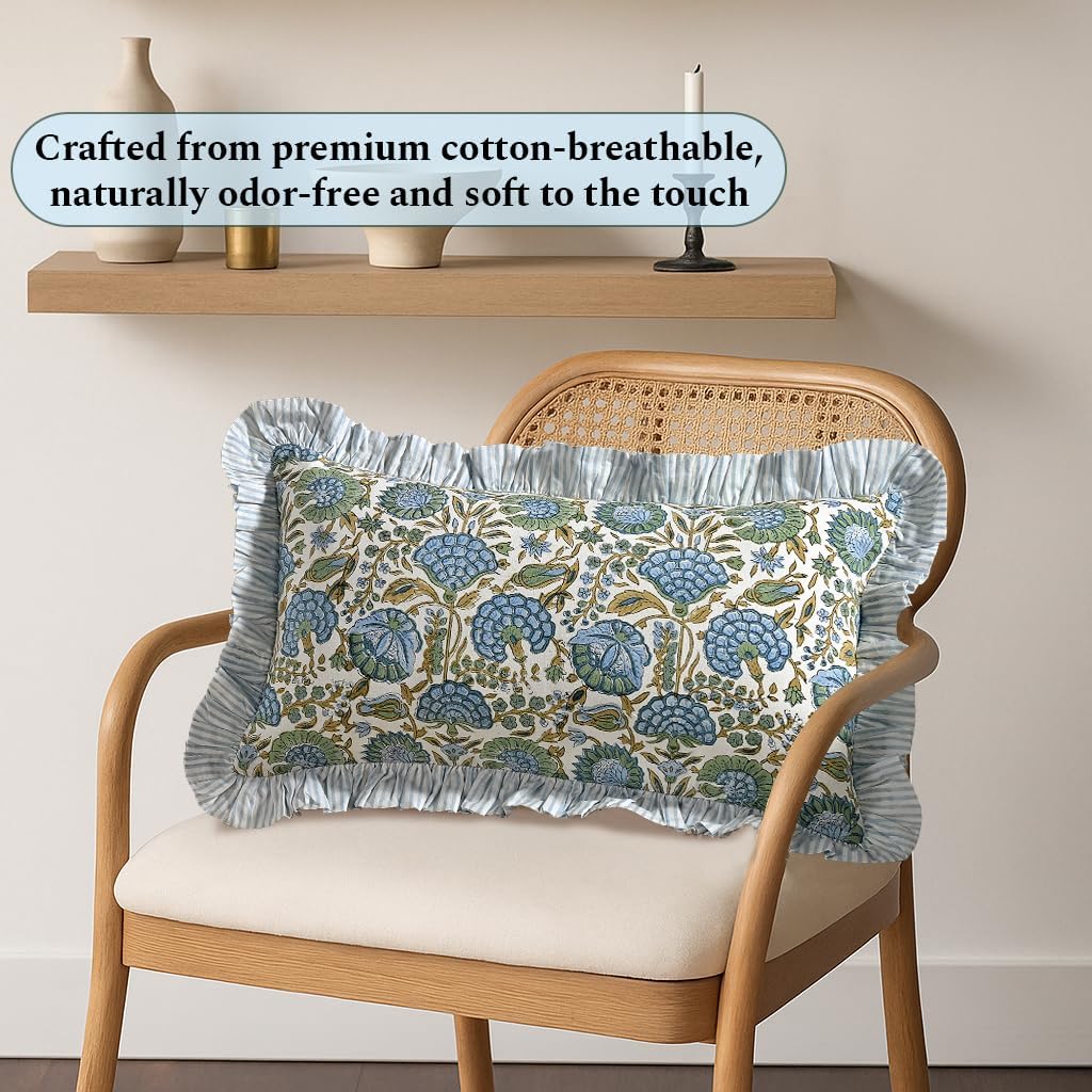 Ridhi Block Print Asparagus Green 20"x12" Set 1-100% Cotton Ruffle Lumbar Sham Cover Boho Floral Pillowcase, Farmhouse Cottagecore…