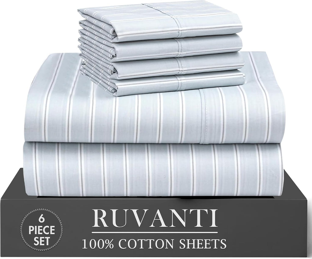 Ruvanti 100% Cotton Percale Sheets Full Size 6 Piece Set, Cooling Bed Sheets for Hot Sleepers, Deep Pocket 16”, Breathable Lightweight & Du…