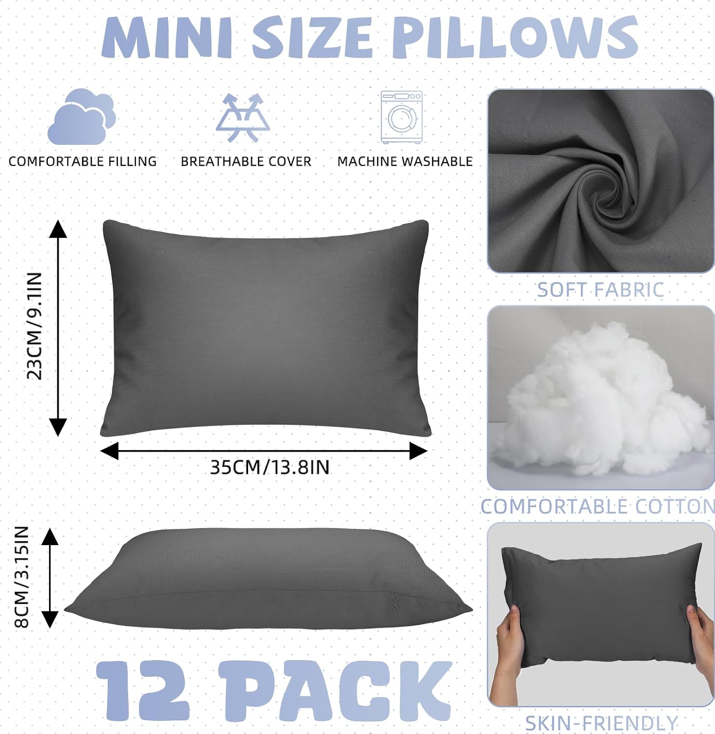 Kigley 12 Pack Mini Pillows for Daycare 9.1 x 13.8'' Small Travel Pillow Bulk Soft Breathable Cotton Pillow for Nap Travel Pet Neck…
