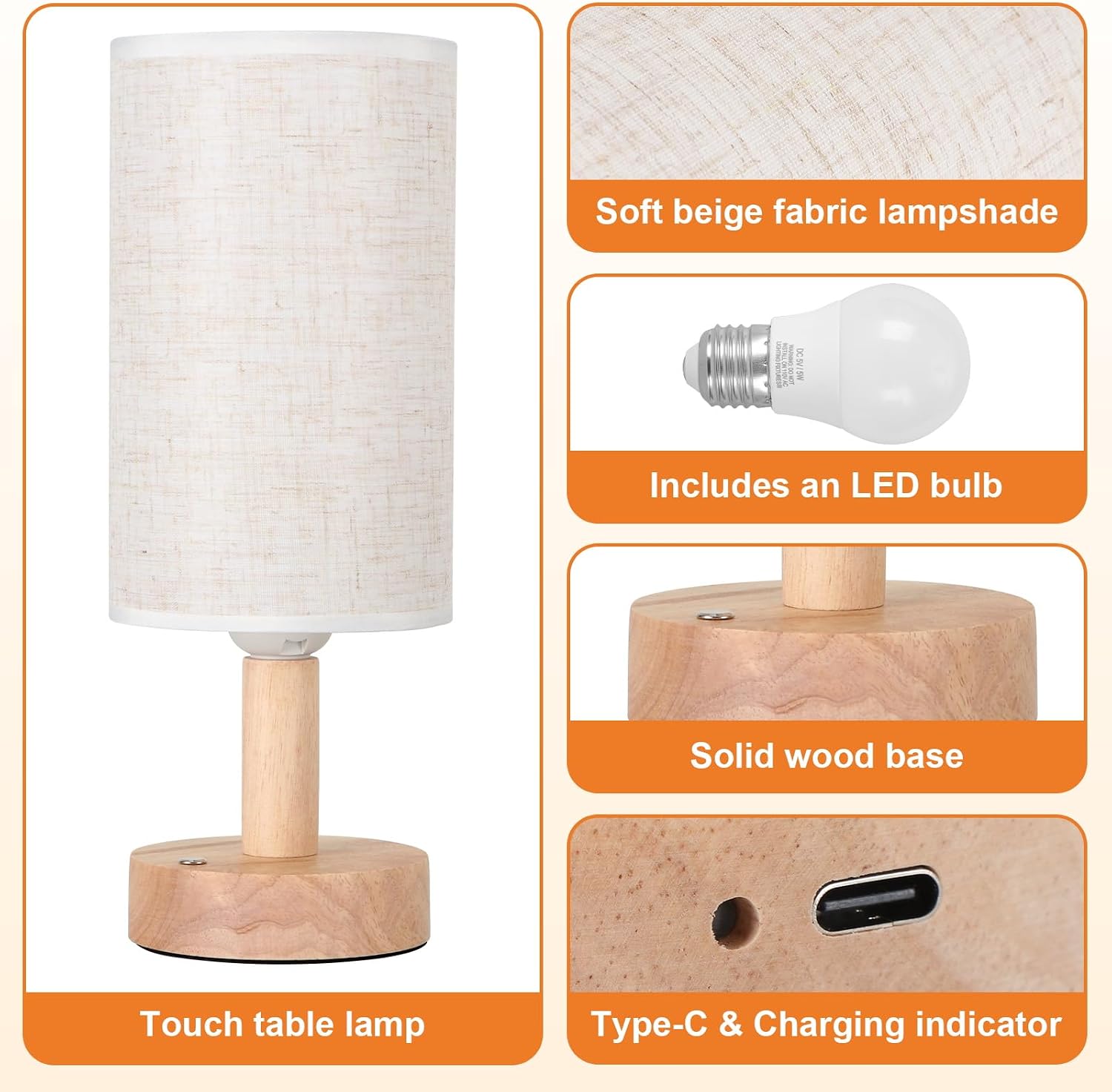 Rechargeable Cordless Table Lamp, Touch Control&Stepless Dimming, Wireless Bedside Ambient Night Light with Wood Base&Linen Shade, Portable…