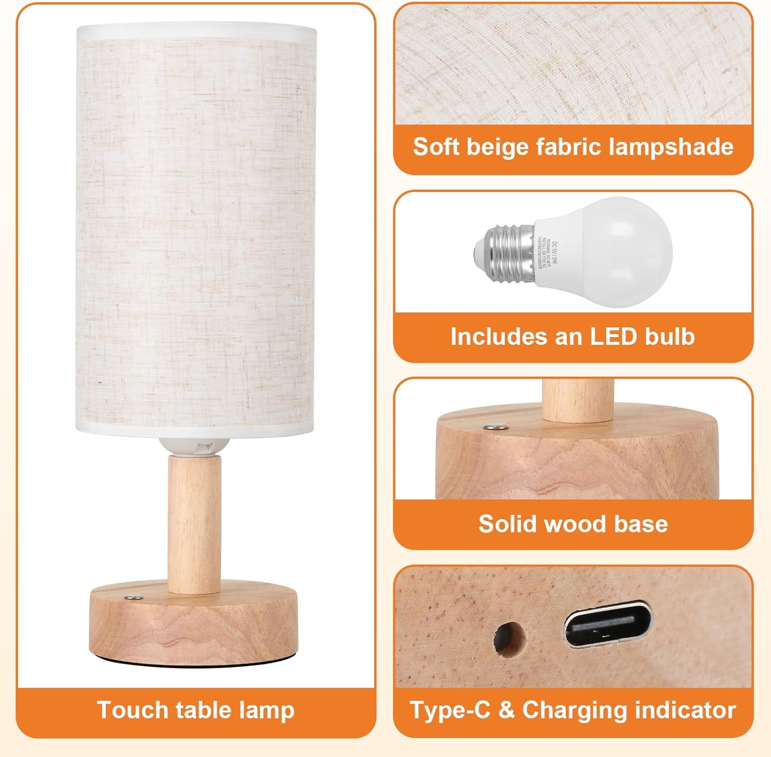 Rechargeable Cordless Touch Table Lamp with Stepless Dimming, Natural Wood Base&Linen Shade, Small Battery Wireless Ambient Night Light for…