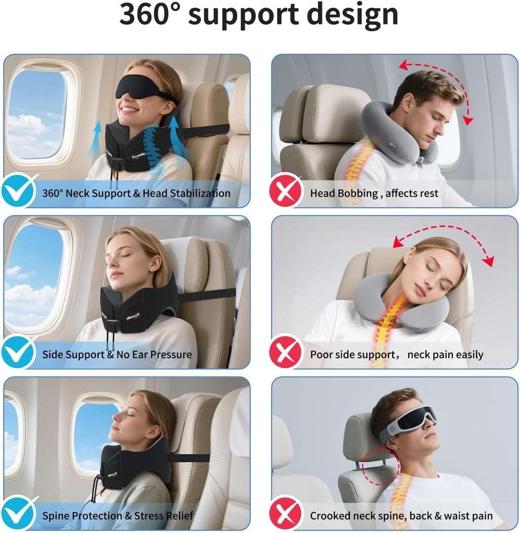 Doosmile Patented Head-Bobble-preventing Ergonomic 360° Supporting Golden Formula Memory Foam Travel Neck Pillow w/3D Contoured Eye…