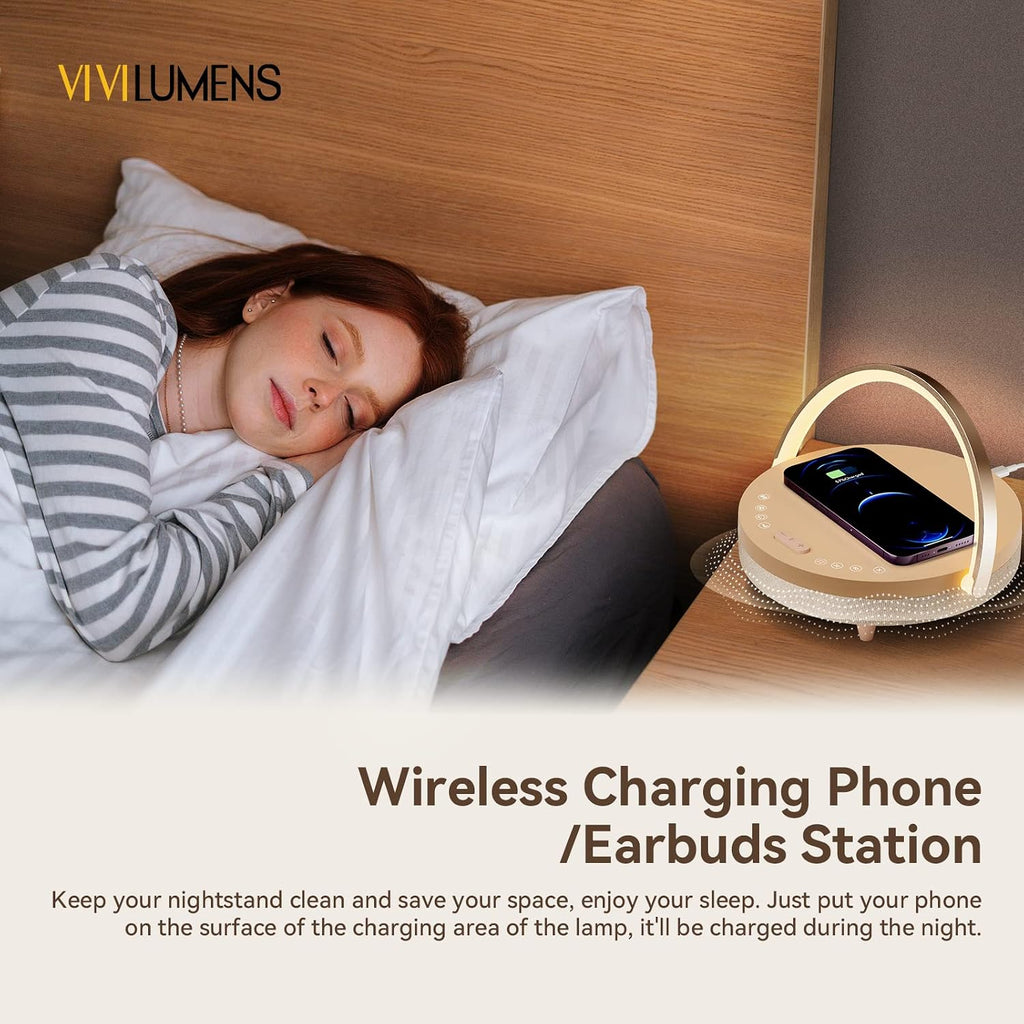 Vivilumens Birthday Gifts for Women 6 in 1 Bedside Lamps with Wireless Charger Bluetooth Speaker White Noise Machine Music Table Lamp…