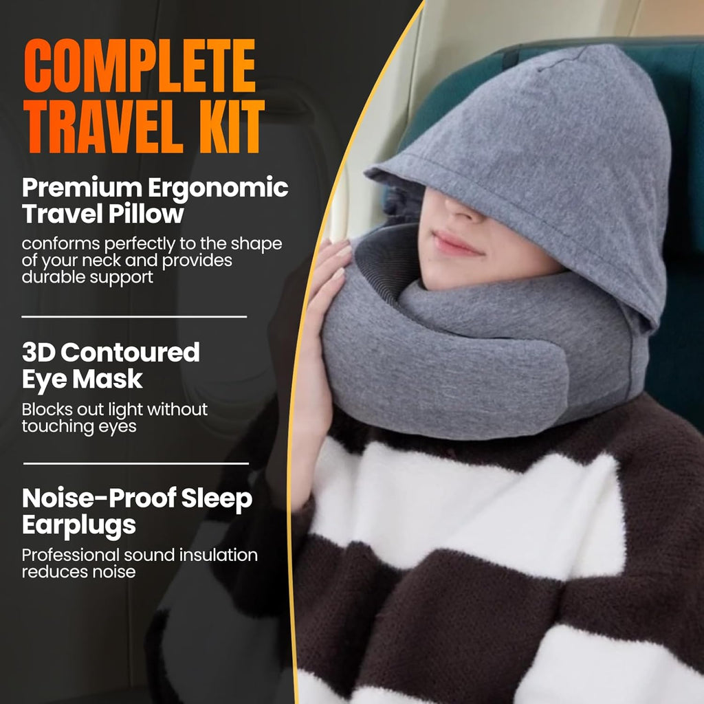 LOEXAIRTM Hooded Pro Travel Pillow - Memory Foam Neck Support Pillow for Airplane, Flight - Super-Soft Pure Cotton Fabric, Maximum Privacy…