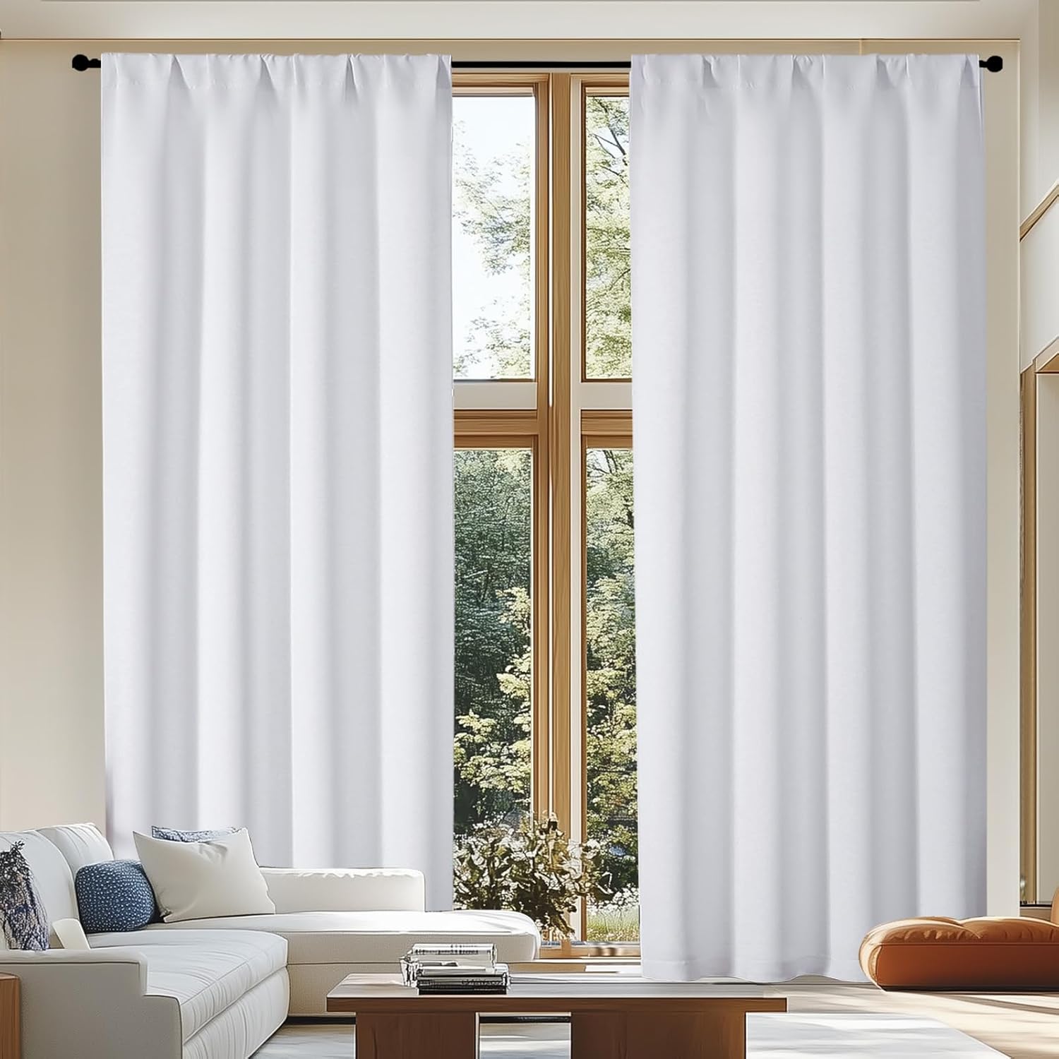 Simplebrand Ava Pure White Curtains for Patio 108 Inches Long 2 Panels Set, Room Darkening Window Treatment, Light Filtering Curtain Drapes…