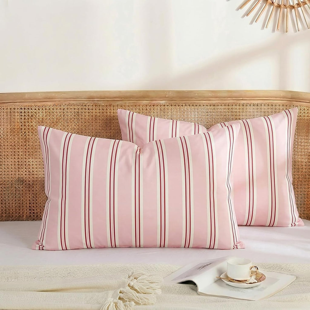 Merryword Standard Size Pillowcases, 100% Cotton Pillow Cases, Pink Striped Pillowcases, Soft Breathable Ribbon Stripe Pillow Covers, Set o…